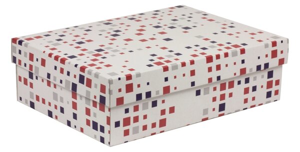 Úložná/dárková krabice s víkem 350x250x100/40 mm, VZOR - KOSTKY fialová/korálová