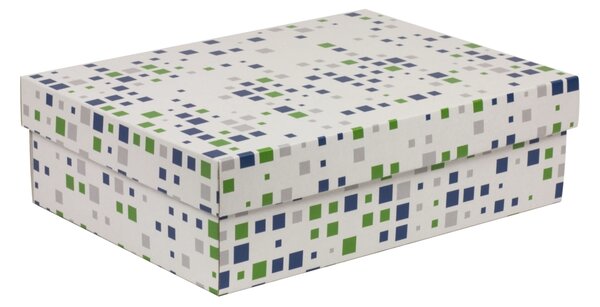 Úložná/dárková krabice s víkem 350x250x100/40 mm, VZOR - KOSTKY zelená/modrá