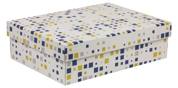Úložná/dárková krabice s víkem 350x250x100/40 mm, VZOR - KOSTKY modrá/žlutá