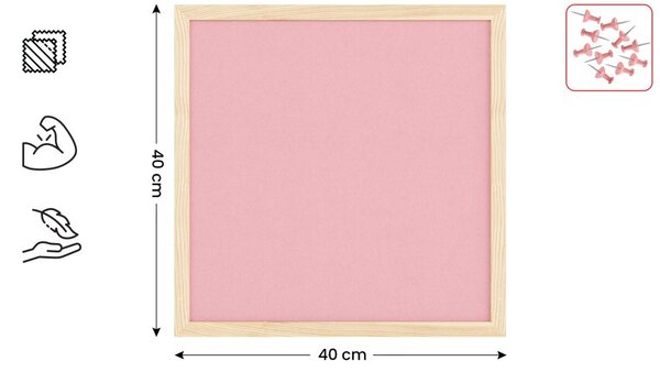 Textilní (plstěná) tabule 40 × 40 cm, růžová, v lakovaném dřevěném rámu, TFPINK44P