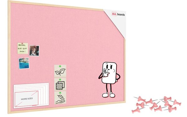 Textilní (plstěná) tabule 120 × 90 cm, růžová, v lakovaném dřevěném rámu, TFPINK129P