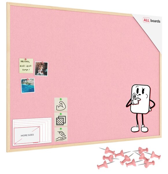 Textilní (plstěná) tabule 120 × 90 cm, růžová, v lakovaném dřevěném rámu, TFPINK129P
