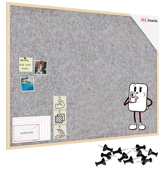 Textilní (plstěná) tabule 120 × 90 cm, světlé šedá, v lakovaném dřevěném rámu, TFLIGHTG129G