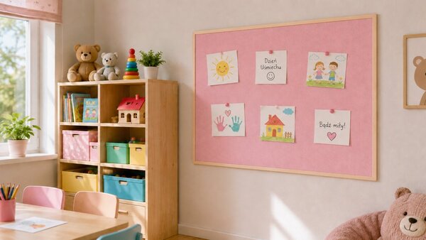 Textilní (plstěná) tabule 120 × 90 cm, růžová, v lakovaném dřevěném rámu, TFPINK129P