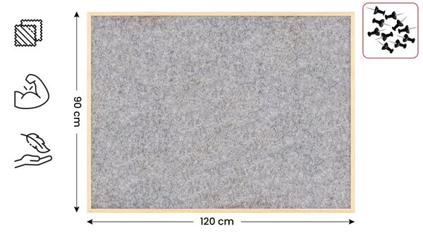 Textilní (plstěná) tabule 120 × 90 cm, světlé šedá, v lakovaném dřevěném rámu, TFLIGHTG129G