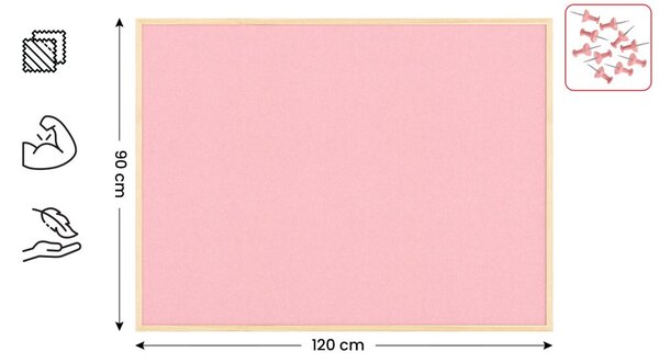 Textilní (plstěná) tabule 120 × 90 cm, růžová, v lakovaném dřevěném rámu, TFPINK129P