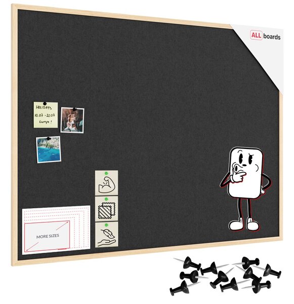 Textilní (plstěná) tabule 120 × 90 cm, šedá, v lakovaném dřevěném rámu, TFGREY129G