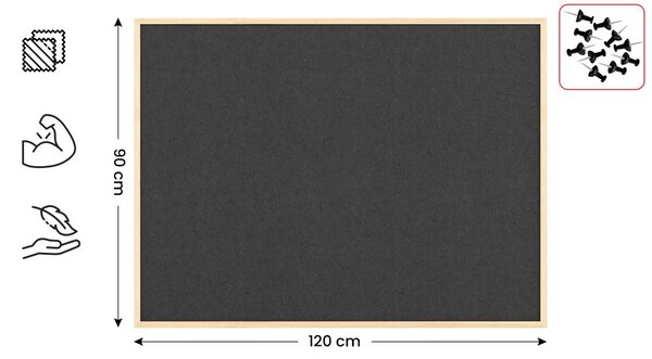 Textilní (plstěná) tabule 120 × 90 cm, šedá, v lakovaném dřevěném rámu, TFGREY129G