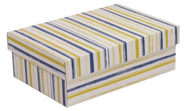 Úložná/dárková krabice s víkem 300x200x100/40 mm, VZOR - PRUHY modrá/žlutá