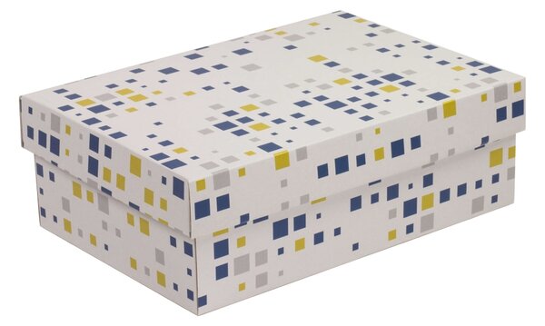 Úložná/dárková krabice s víkem 300x200x100/40 mm, VZOR - KOSTKY modrá/žlutá