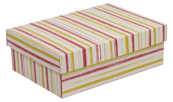 Úložná/dárková krabice s víkem 300x200x100/40 mm, VZOR - PRUHY korálová/žlutá
