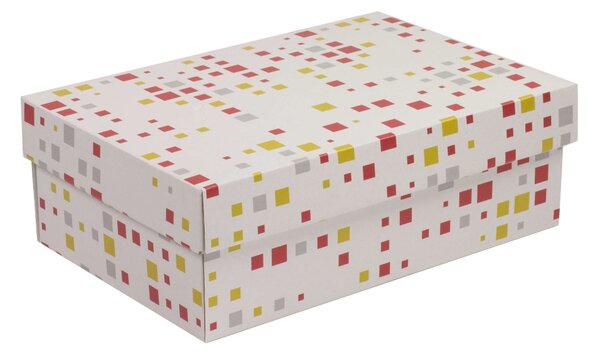 Úložná/dárková krabice s víkem 300x200x100/40 mm, VZOR - KOSTKY korálová/žlutá