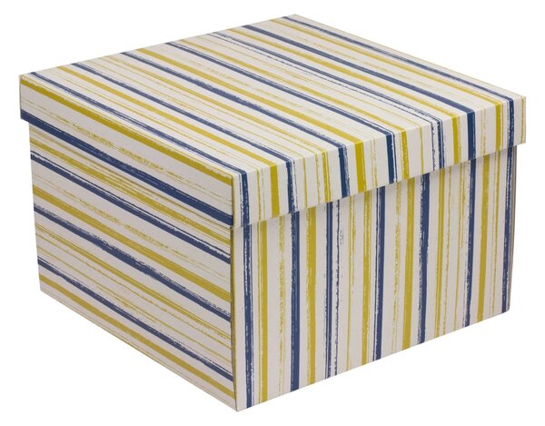 Úložná/dárková krabice s víkem 300x300x200/40 mm, VZOR - PRUHY modrá/žlutá