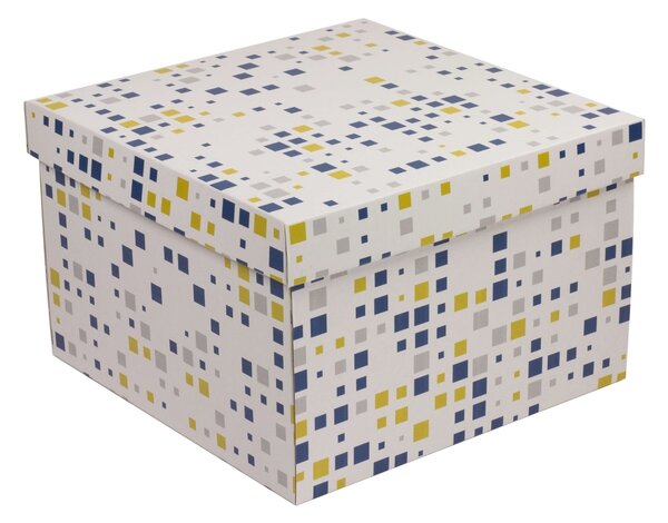 Úložná/dárková krabice s víkem 300x300x200/40 mm, VZOR - KOSTKY modrá/žlutá