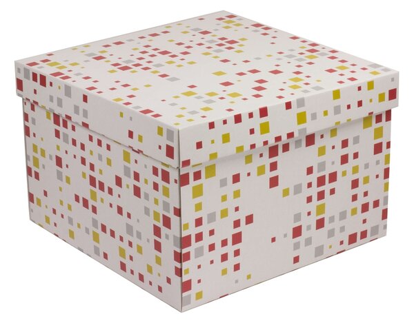 Úložná/dárková krabice s víkem 300x300x200/40 mm, VZOR - KOSTKY korálová/žlutá