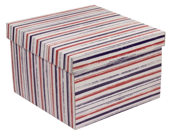Úložná/dárková krabice s víkem 300x300x200/40 mm, VZOR - PRUHY fialová/korálová