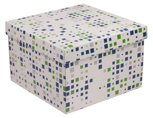 Úložná/dárková krabice s víkem 300x300x200/40 mm, VZOR - KOSTKY zelená/modrá