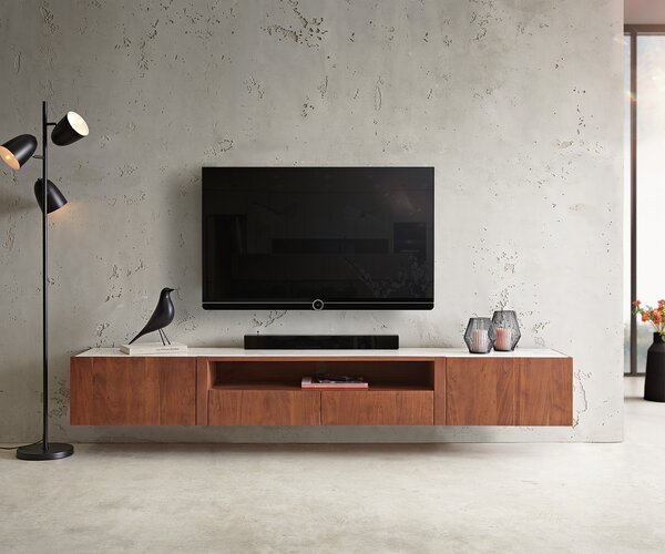 DELIFE TV stolek Secara 220 cm akácie hnědá 2 dvířka 2 zásuvky mramor závěsný