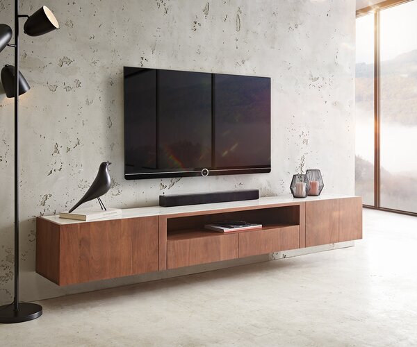 DELIFE TV stolek Secara 220 cm akácie hnědá 2 dvířka 2 zásuvky mramor závěsný