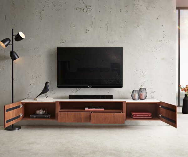 DELIFE TV stolek Secara 220 cm akácie hnědá 2 dvířka 2 zásuvky mramor závěsný