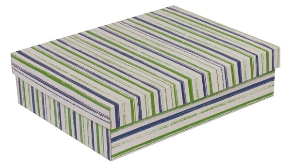 Úložná/dárková krabice s víkem 400x300x100/40 mm, VZOR - PRUHY zelená/modrá