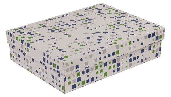 Úložná/dárková krabice s víkem 400x300x100/40 mm, VZOR - KOSTKY zelená/modrá