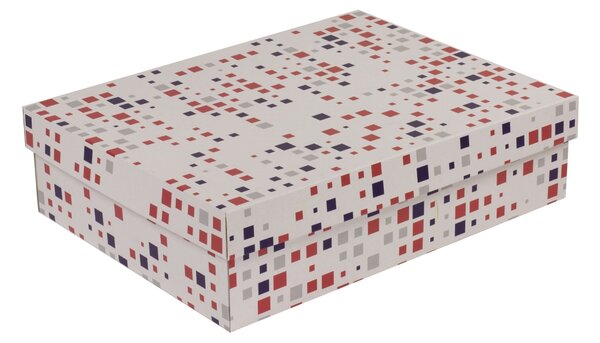 Úložná/dárková krabice s víkem 400x300x100/40 mm, VZOR - KOSTKY fialová/korálová