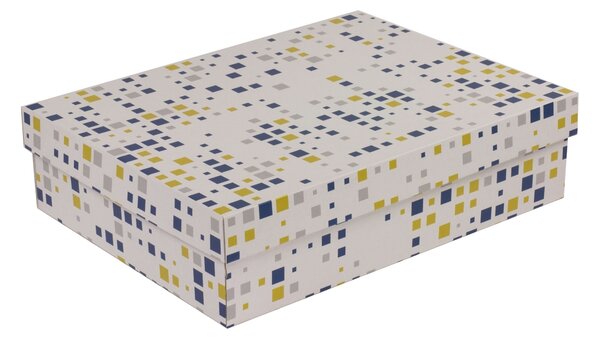 Úložná/dárková krabice s víkem 400x300x100/40 mm, VZOR - KOSTKY modrá/žlutá
