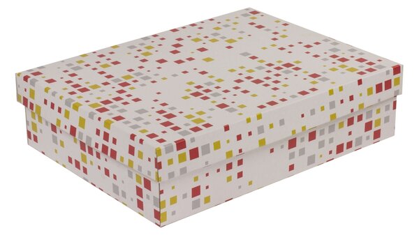 Úložná/dárková krabice s víkem 400x300x100/40 mm, VZOR - KOSTKY korálová/žlutá