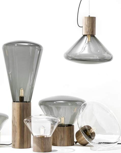 Závěsné svítidlo Brokis Muffins Wood PC851, 1xE27 Stmívání, řízení: TRIAC, Barva skla: Šedá kouřová - transparentní sklo, Povrch baldachýnu a montury: dub evropský - přírodní lak (vosk)