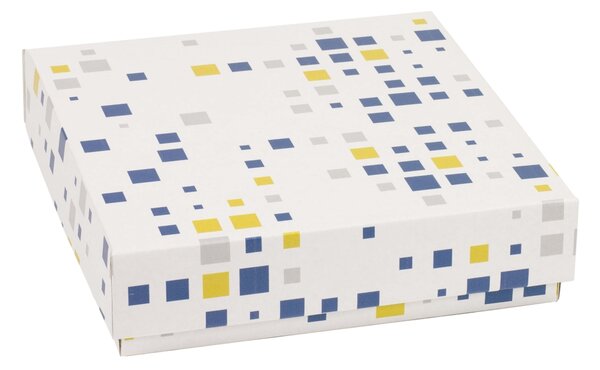 Dárková krabička s víkem 200x200x50/40 mm, VZOR - KOSTKY modrá/žlutá