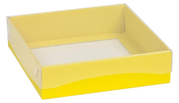 Dárková krabička s průhledným víkem 200x200x50/35 mm, žlutá