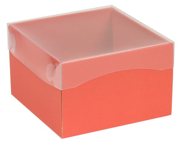 Dárková krabička s průhledným víkem 150x150x100/35 mm, korálová