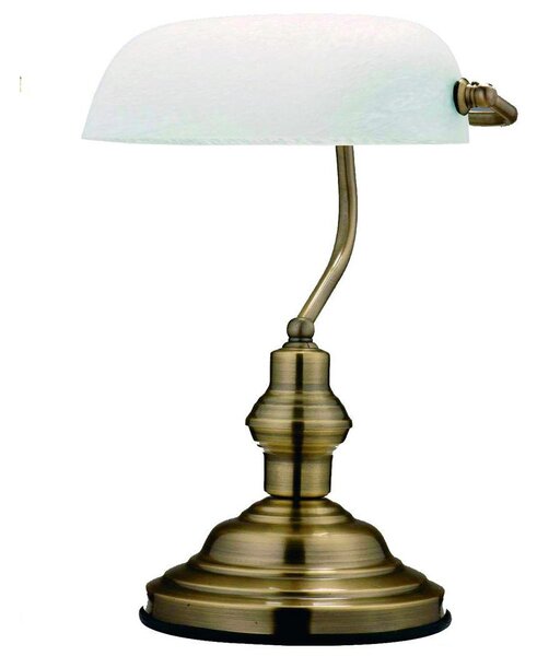 Globo 2492 Antique - Stolní bankéřská lampa, bílé sklo, staromosaz (Bankovní lampička se staromosaznou monturou)
