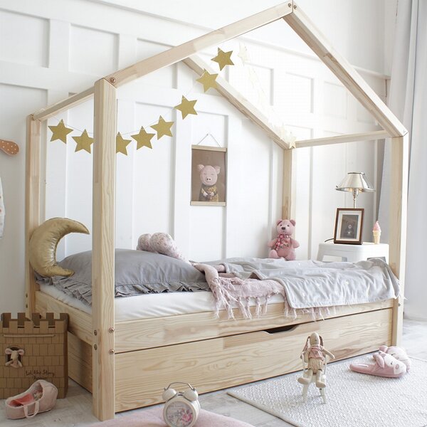 Domečková postel HouseBed se šuplíkem Velikost spací plochy: 140x70, Barva: přírodní dřevo