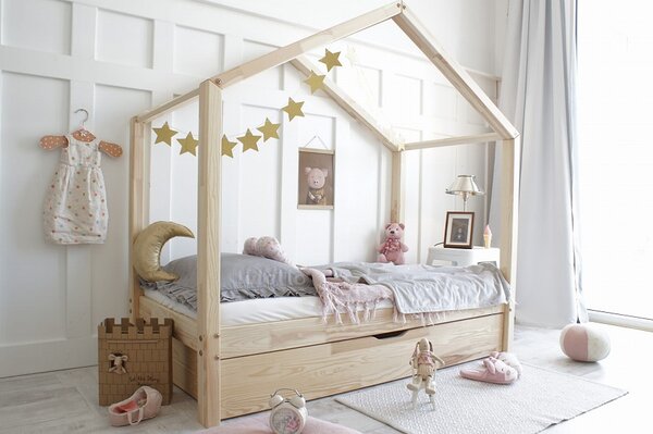 Domečková postel HouseBed se šuplíkem Velikost spací plochy: 140x70, Barva: přírodní dřevo