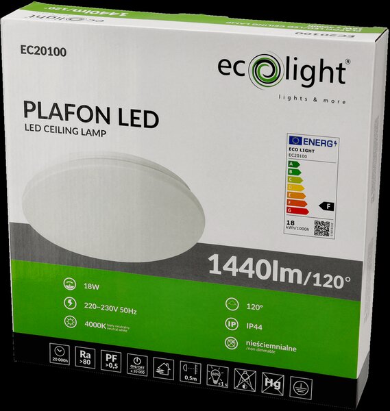 LED stropní svítidlo pro přisazenou montáž 18W 1440lm IP44 vodotěsné do koupelny ECOLIGHT