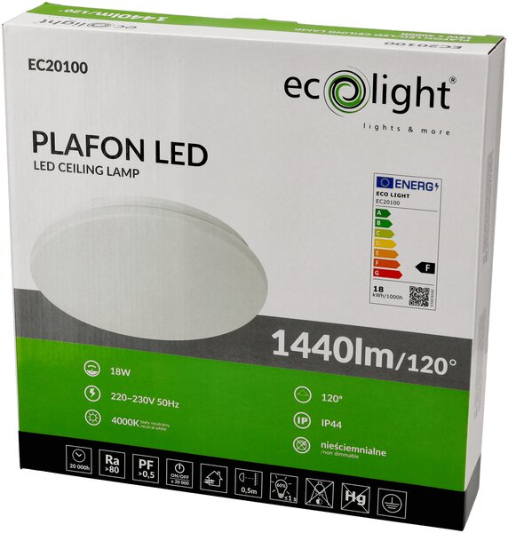 LED stropní svítidlo pro přisazenou montáž 18W 1440lm IP44 vodotěsné do koupelny ECOLIGHT