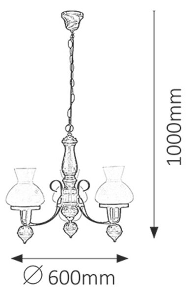 Rabalux 7078 PETRONEL - Rustikální trojramenný lustr, 3 x E27, Ø 60cm (Závěsné tříramenné svítidlo vhodné do chalupy s prvky dřeva a designu petrolejové lampy)