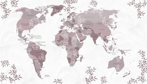Fototapety Stylová mapa světa s růžovými listy a rostlinami, Fototapety mapy světa, w08211v3 : uwalls.cz