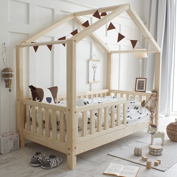Domečková postel HouseBed se zábranou 160x80 cm - přírodní