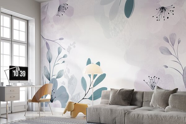 Fototapety Abstraktní květinová kresba, příroda, velké květy, jemný pastel, fialová barevná paleta , Fototapety akvarel, w01451 : uwalls.cz