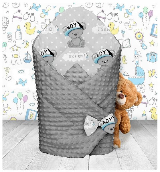 Oboustranná zavinovačka pro miminka 80x80 cm BABYMAM PREMIUM - Medvídek LITTLE BOY s šedou minky