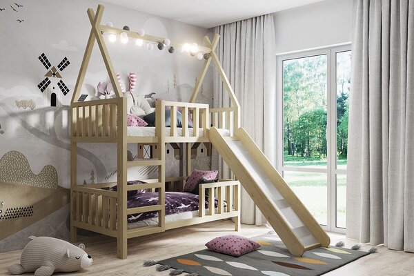 Patrová postel Tipi se skluzavkou Velikost spací plochy: 140x70, Barva: přírodní, Šuplík: NE