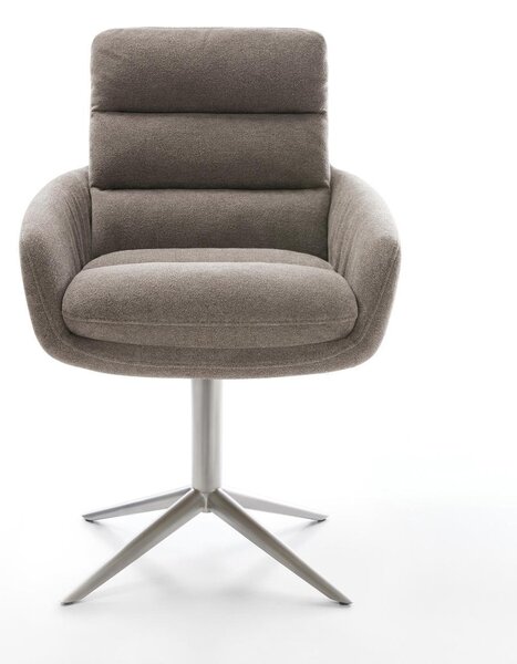 DELIFE Jídelní židle Abelia-Flex s područkami strukturovaná látka měkká taupe kovová křížová podnož nerezová ocel 360° otočná houpací funkce