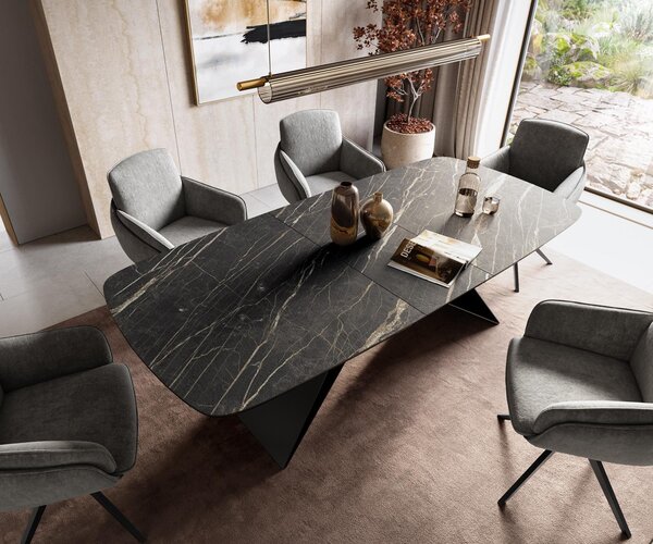 DELIFE Jídelní stůl Edge Boot 180-220x100 cm Laminam® keramika Noir Desir hnědá podnož ve tvaru V plochá ocel černá rozkládací