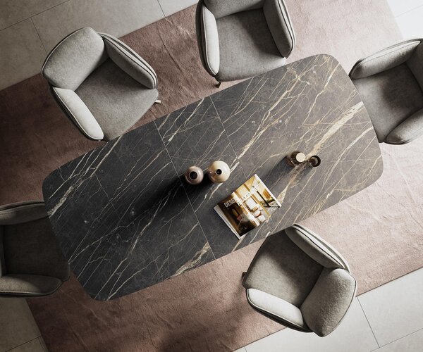 DELIFE Jídelní stůl Edge oválný 180-220×100 cm Laminam® keramika Noir Desir hnědá křížová podnož obdélníkový titanová barva rozkládací