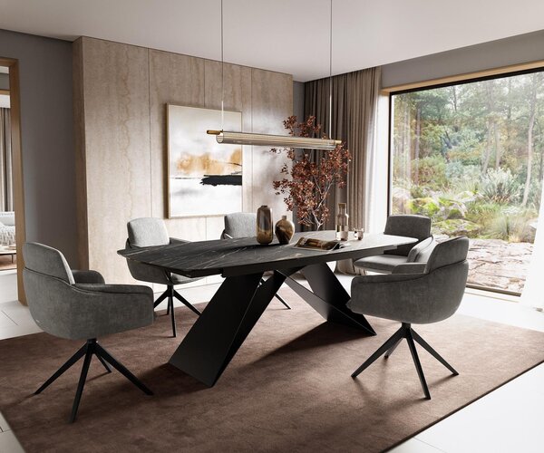 DELIFE Jídelní stůl Edge Boot 180-220x100 cm Laminam® keramika Noir Desir hnědá podnož ve tvaru V plochá ocel černá rozkládací