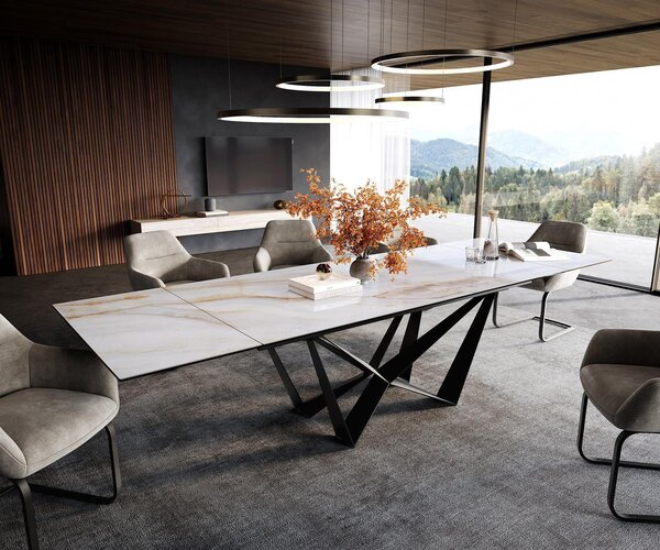 DELIFE Jídelní stůl Edge 200-300×100 cm keramika Onyx Pearl Spider plochý ocel černá rozkládací