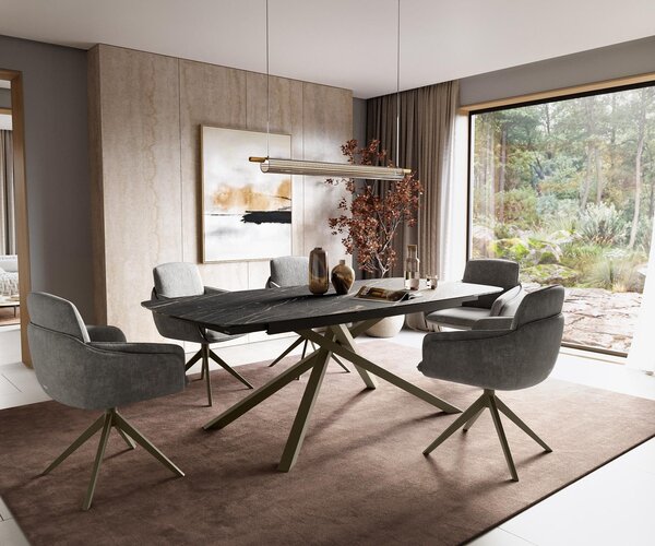 DELIFE Jídelní stůl Edge oválný 180-220×100 cm Laminam® keramika Noir Desir hnědá křížová podnož obdélníkový titanová barva rozkládací